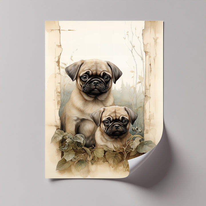 Twin Pug Companions – Vintage Botanical Style Puppies Canvas Print