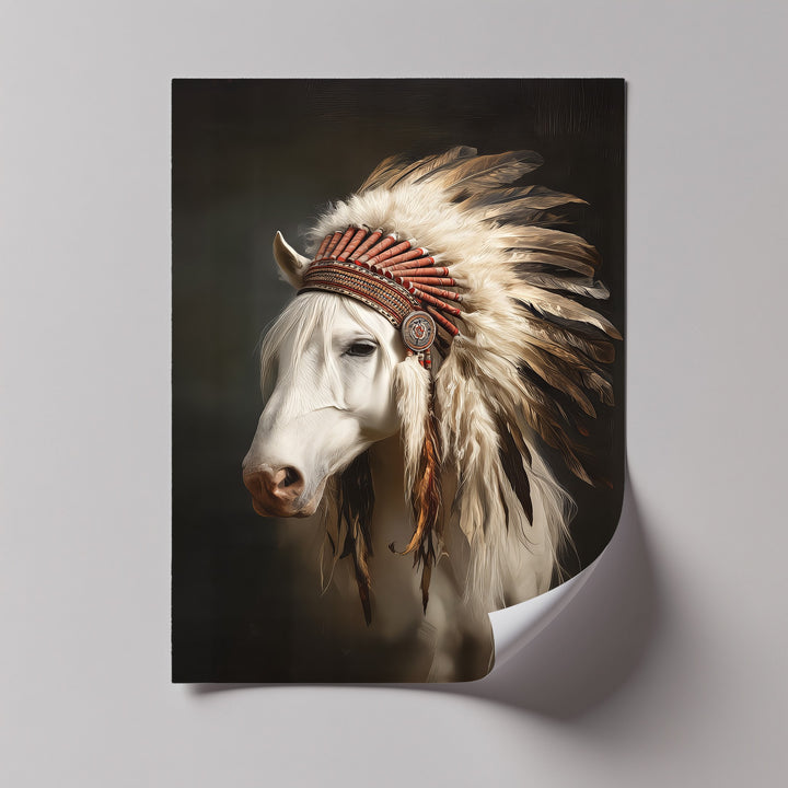 White Horse with Feathered Headdress - Horse Canvas Print