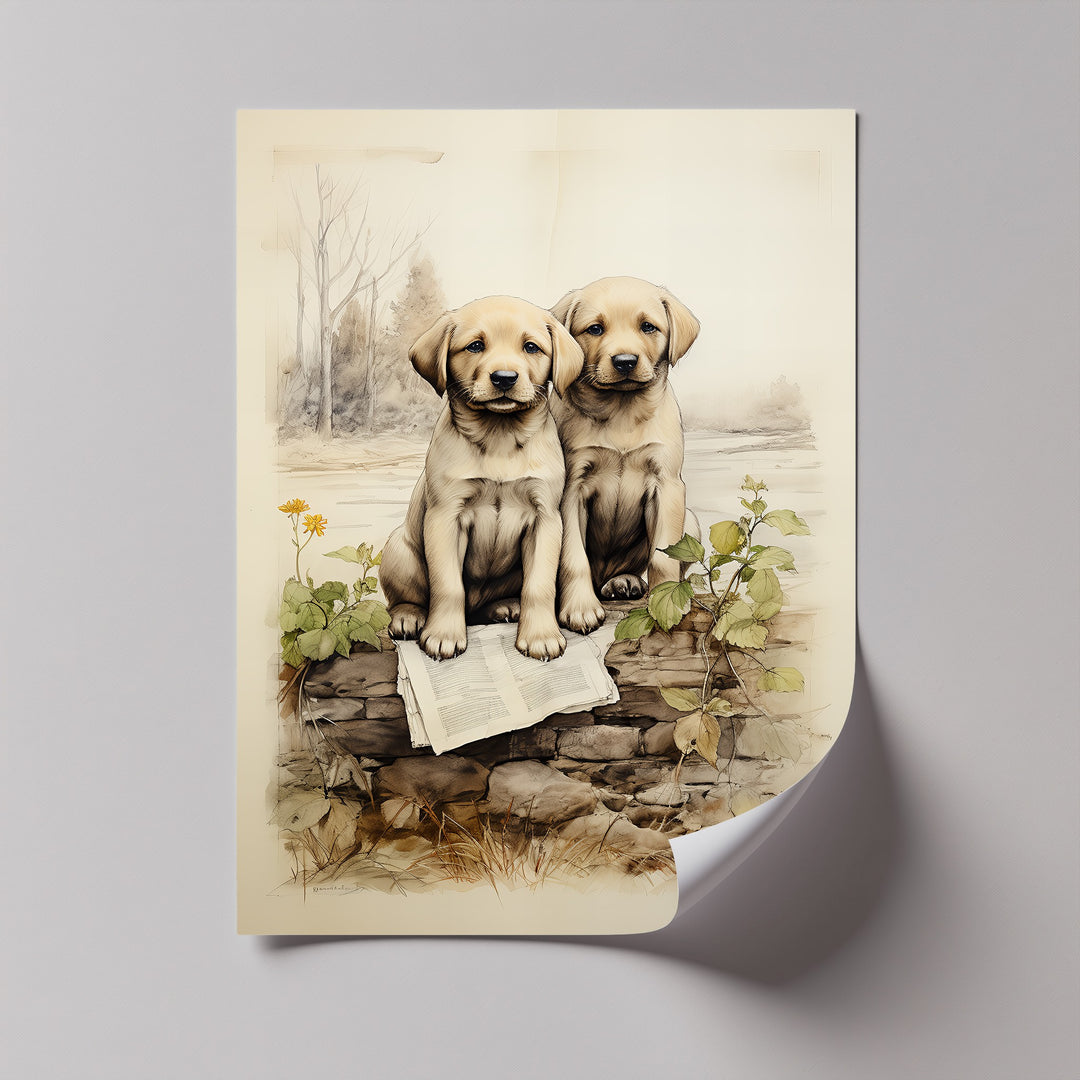 Stone Wall Puppies – Vintage Nature Scene Puppies Canvas Print