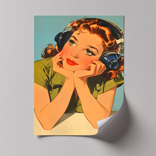 Nostalgic and dreamy, this retro redhead girl with headphones canvas print evokes a mood of peaceful contemplation with a unique canvas print.