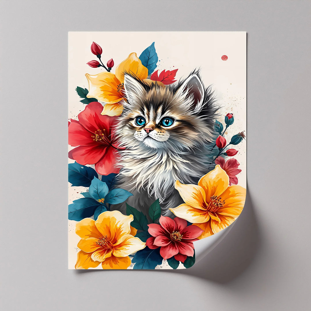 Fluffy Kitten Surrounded by Vibrant Florals - Cat Canvas Print - MyPhotoStation