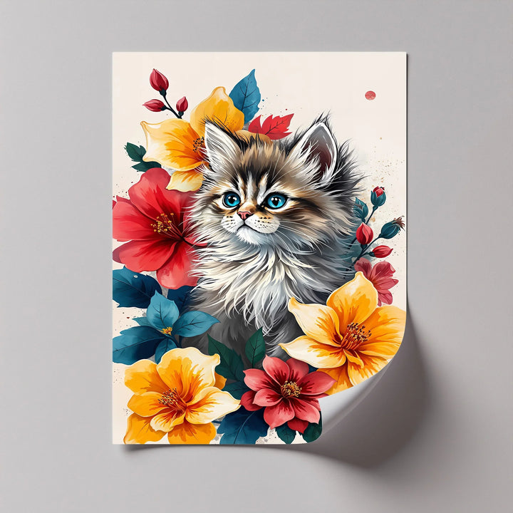 Fluffy Kitten Surrounded by Vibrant Florals - Cat Canvas Print - MyPhotoStation