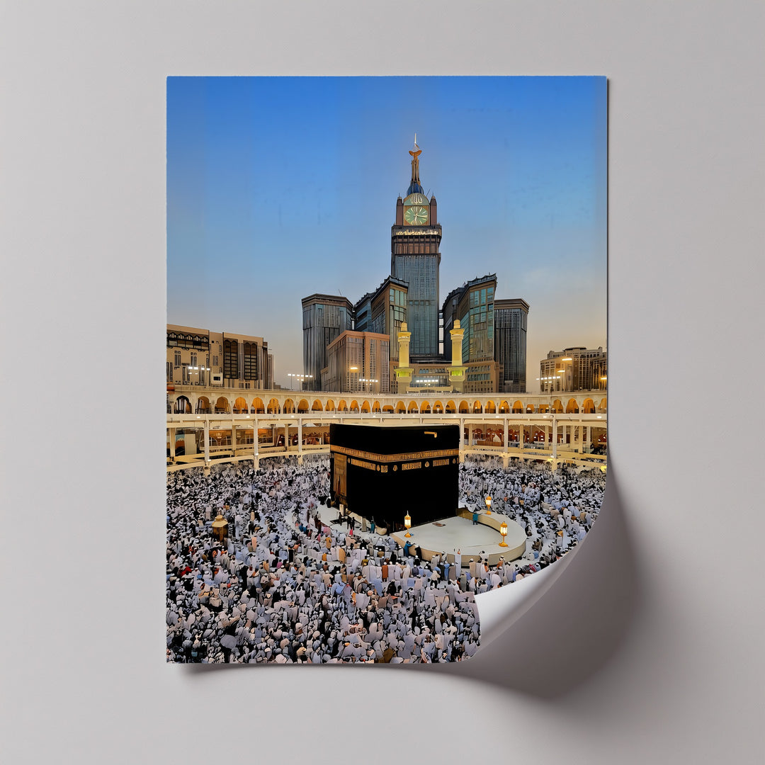 Kaaba at Sunset with Abraj Al-Bait Clock Tower – Islamic Wall Art