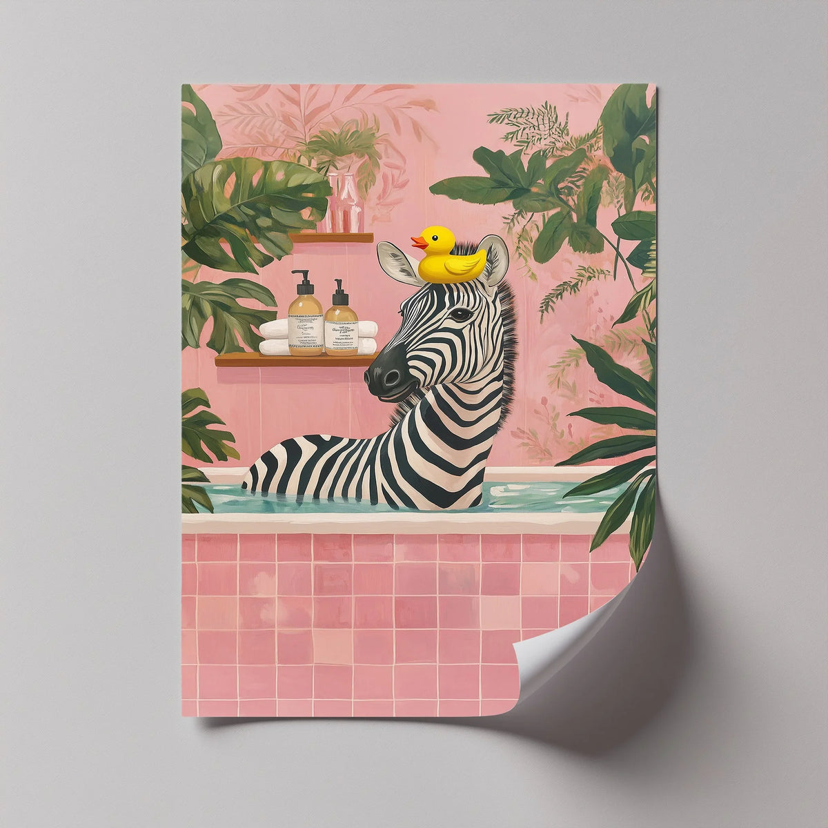 Featuring realistic detail, this whimsical Zebra Zen high quality canvas prints artfully captures the humor of a zebra taking a bath with a rubber ducky in a lush, pink-tiled jungle scene.