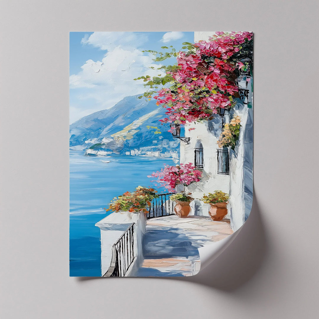 Sunlit Balcony by the Amalfi – Seaside Floral Canvas Print