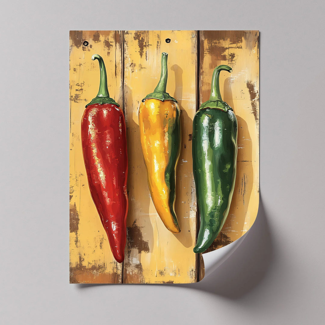 Spicy Trio – Rustic Red, Yellow & Green Peppers Kitchen Canvas Print - MyPhotoStation