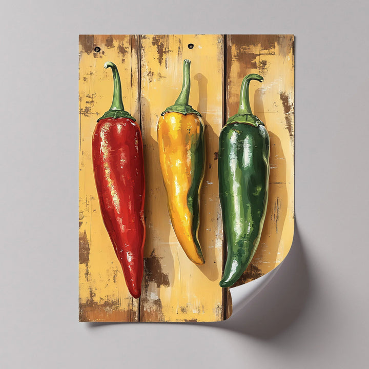 Spicy Trio – Rustic Red, Yellow & Green Peppers Kitchen Canvas Print - MyPhotoStation