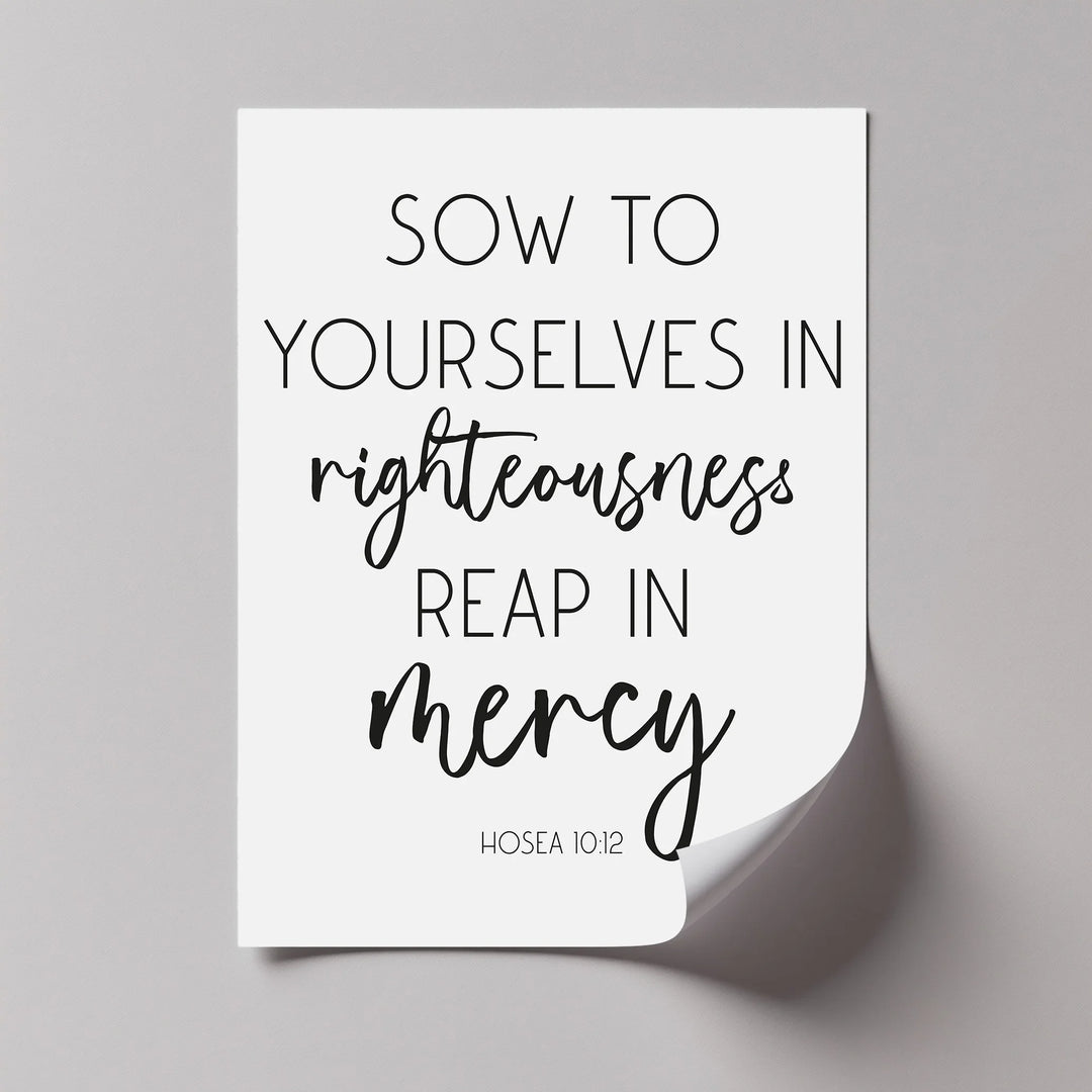 Elegant scripture wall art with righteousness and mercy quote

