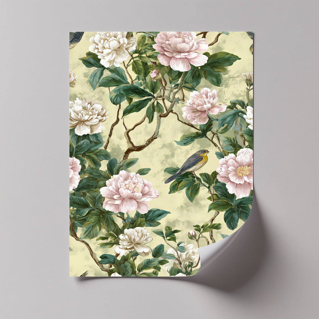 Peony Flowers and Bird - Botanical Canvas Wall Art | Framed Art