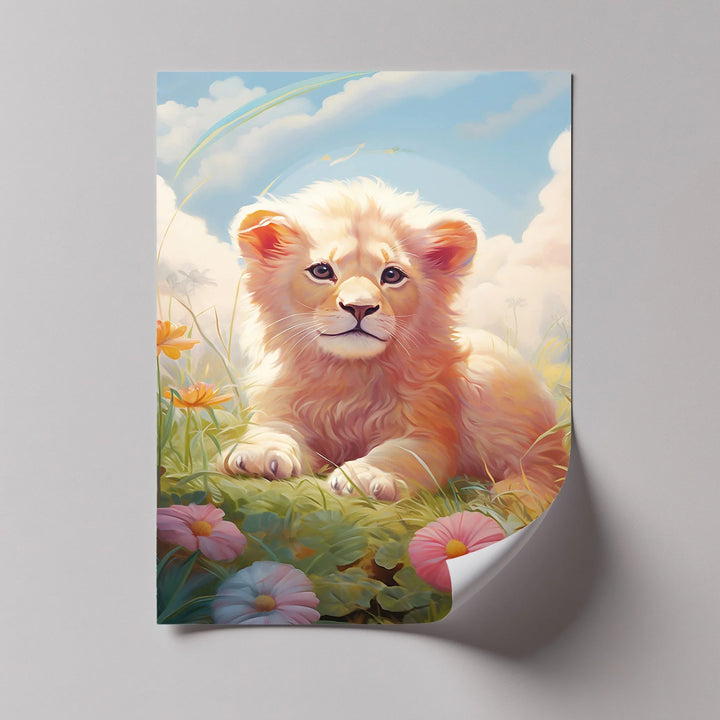 Innocent Majesty – Baby Lion Cub in Blooming Field Animal Canvas Print - MyPhotoStation