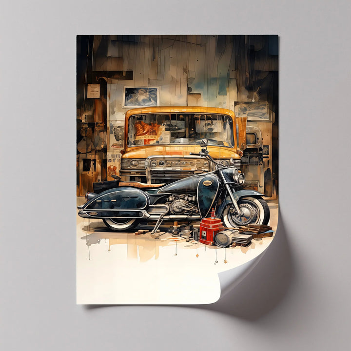 Garage Time – Classic Motorcycle and Vintage Truck Canvas Print - MyPhotoStation