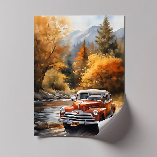 Autumn Journey – Vintage Car in Mountain Landscape Canvas Print - MyPhotoStation