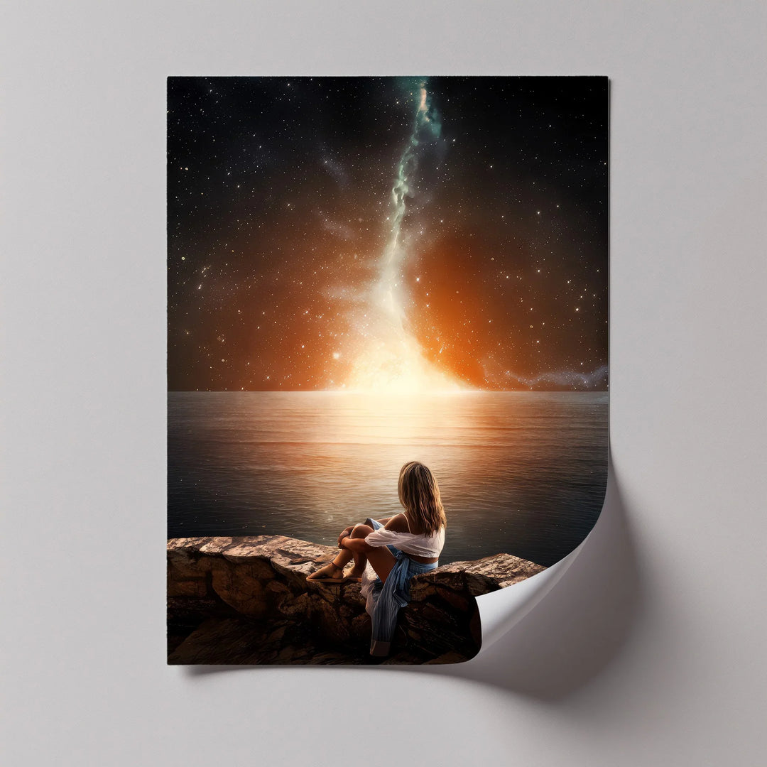 Cosmic Reflection – Stargazing Woman by the Ocean Canvas Print