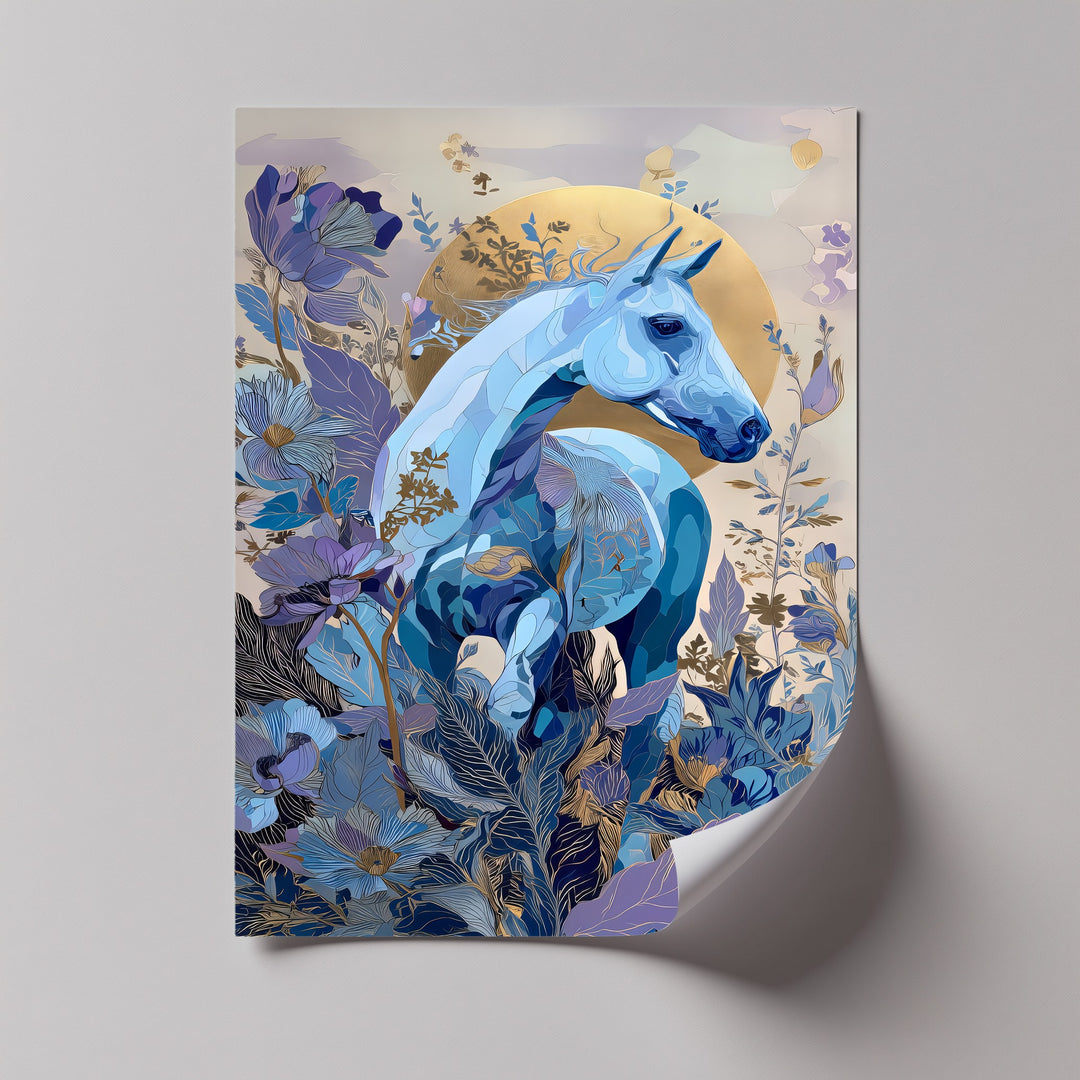 Celestial Bloom – Blue Horse in Golden Floral Fantasy Canvas Print
