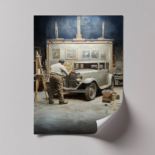 Vertical framed canvas presents a timeless restoration scene featuring a vintage car within a detailed artist's studio.