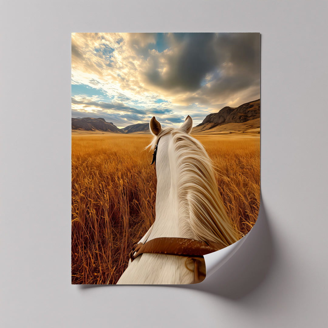 White Horse Overlooking a Golden Field - Horse Canvas Print