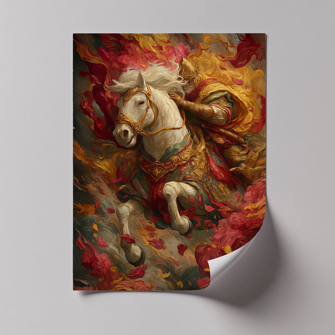 The Crimson Charge – Warrior on White Steed Canvas Print