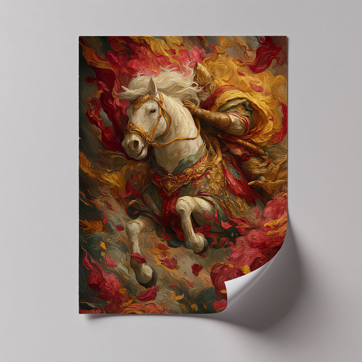 The Crimson Charge – Warrior on White Steed Canvas Print