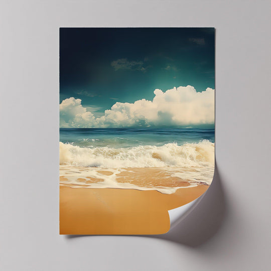 Billowing cumulus clouds lend a soft touch to this Golden Shoreline Serenity ocean wave print on canvas wall decor, where the tide gently kisses the sandy beach.