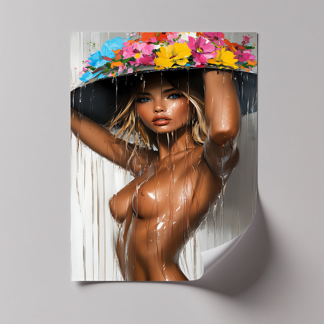 Drenched Woman with Floral Hat Canvas Wall Art | Artwork Canvas