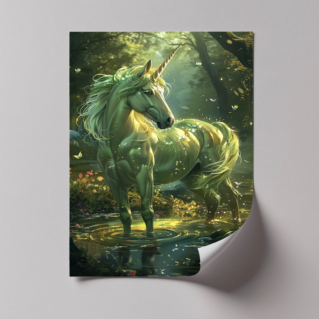 Glowing Green Unicorn in Enchanted Pond - Animal Canvas Print - MyPhotoStation