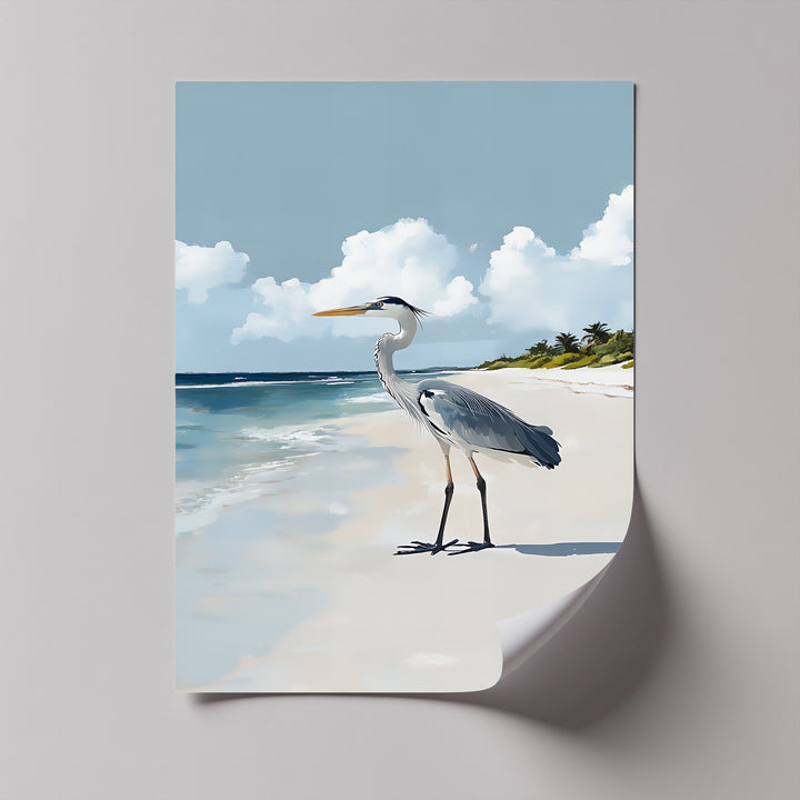 Coastal Heron Under Blue Skies – Tropical Beach Canvas Print
