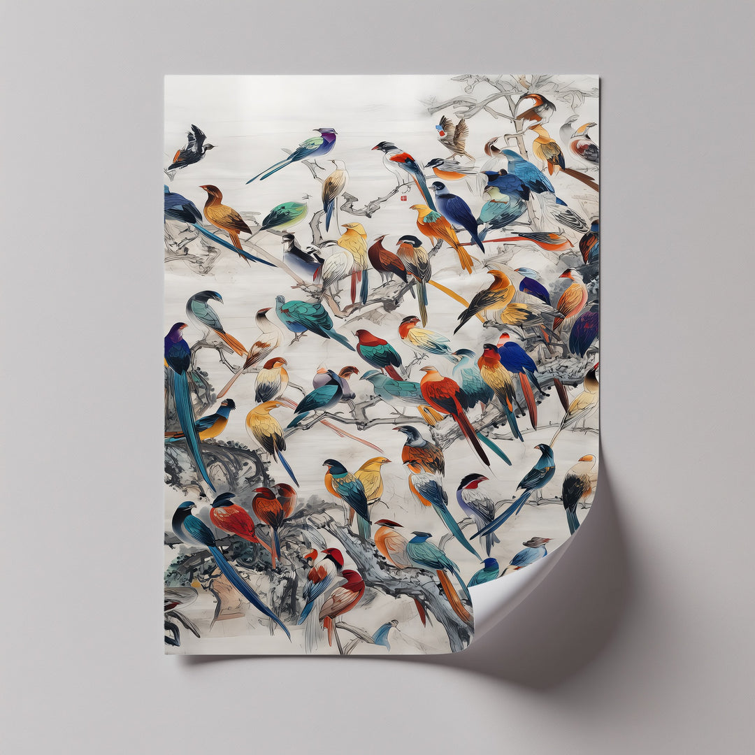 Symphony of Colors – Exotic Birds Gathering Canvas Wall Art | Large Canvas