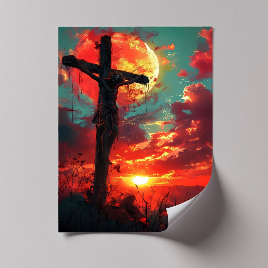 Crimson Redemption – Jesus on the Cross at Sunset Canvas Print