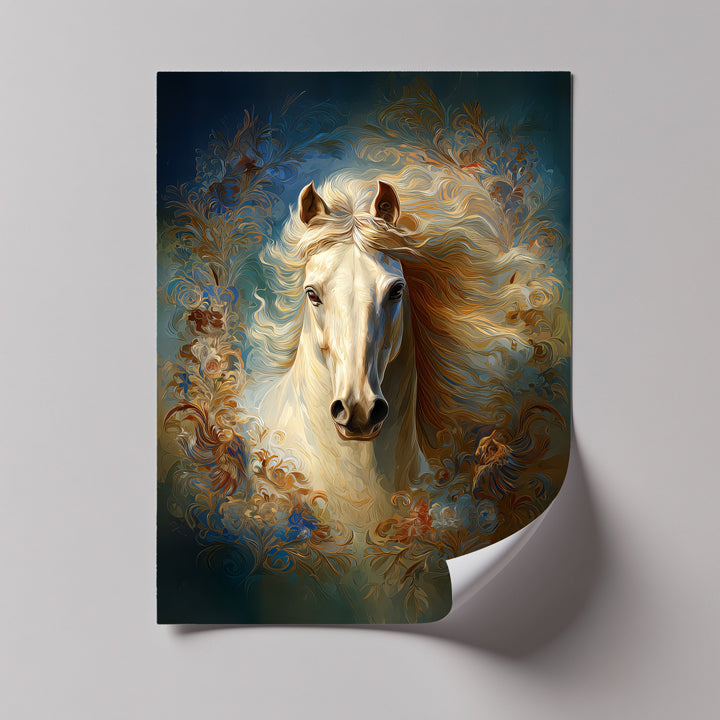 White Horse with Flowing Mane and Ornamental Aura - Horse Canvas Print