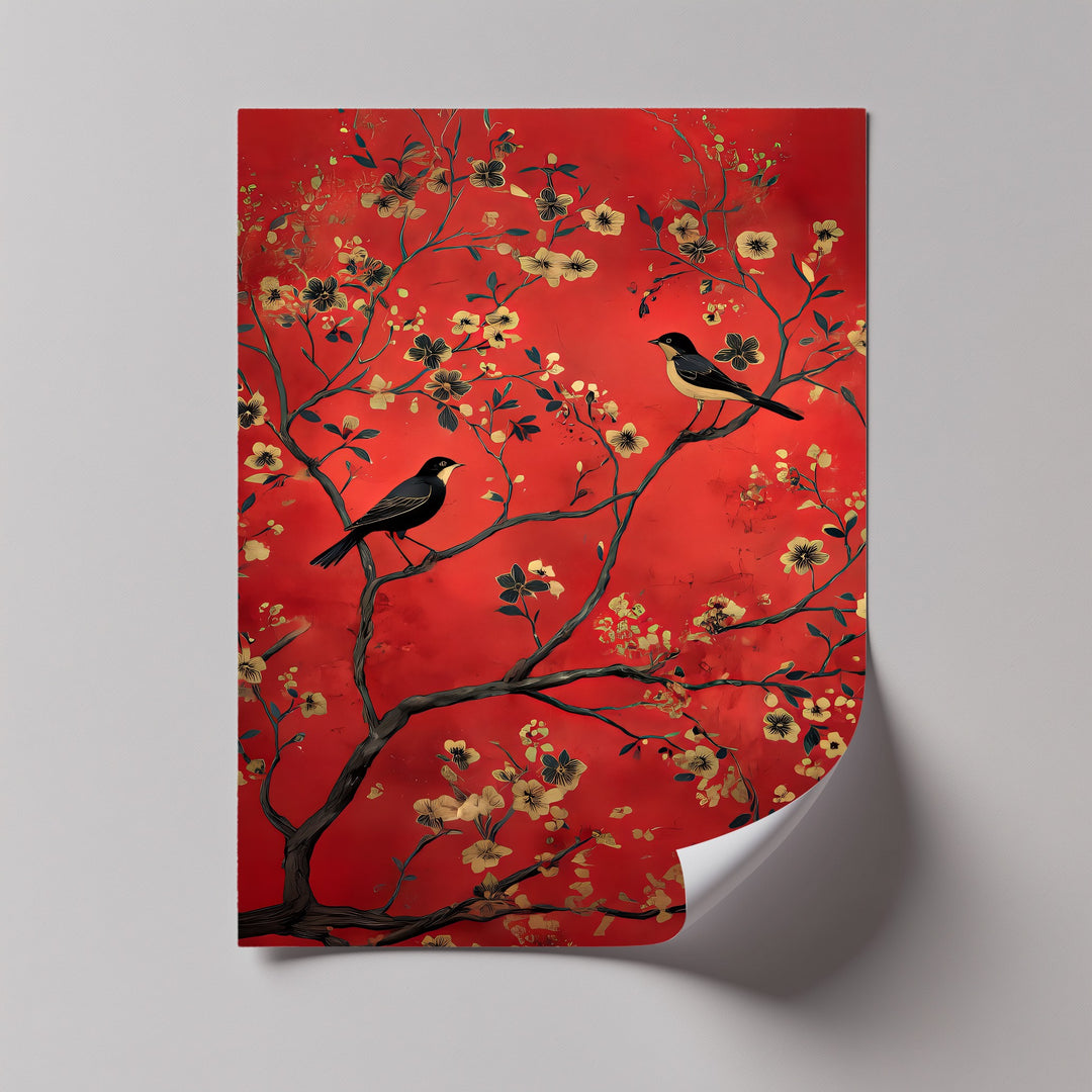 Crimson Melody – Golden Blossom Birds Canvas Wall Art | Framed Art