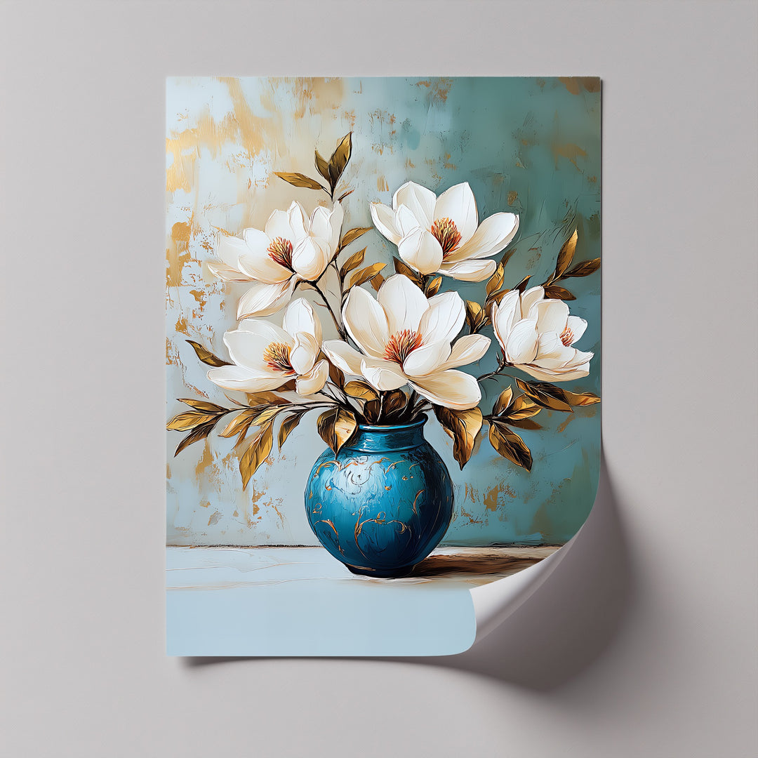 Blue Ceramic Vase with White Petals – sophisticated floral canvas print.

