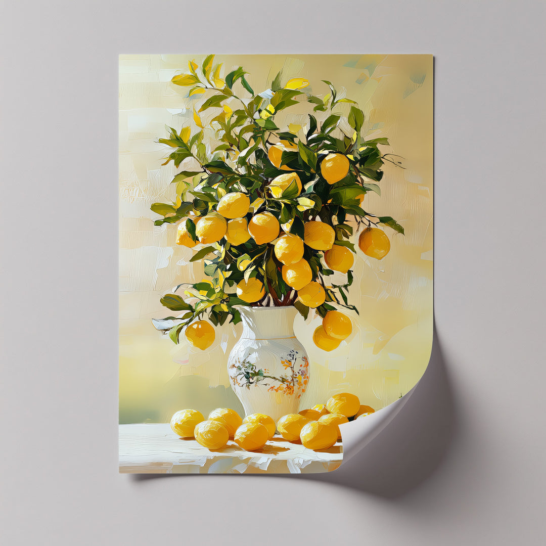 Golden Citrus Bloom – Lemons in Porcelain Vase Canvas Print