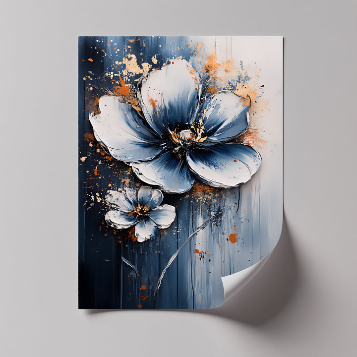 Blue and Orange Flower Burst – vibrant botanical canvas wall art.


