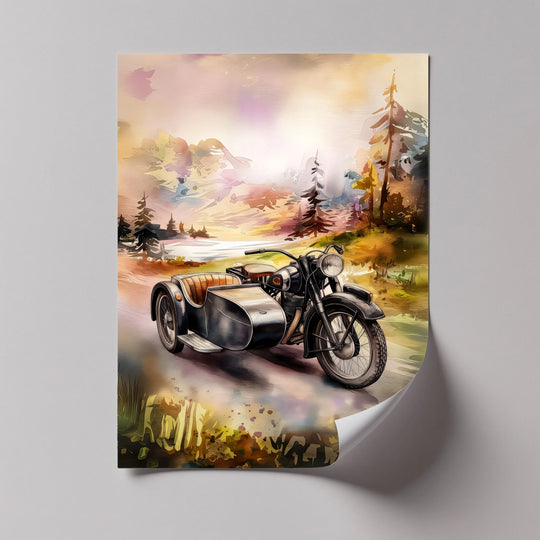 Visual rhythm is created in the canvas print through the alternating light and dark tones of the retro sidecar and its natural landscape backdrop, perfect as a hanging canvas.