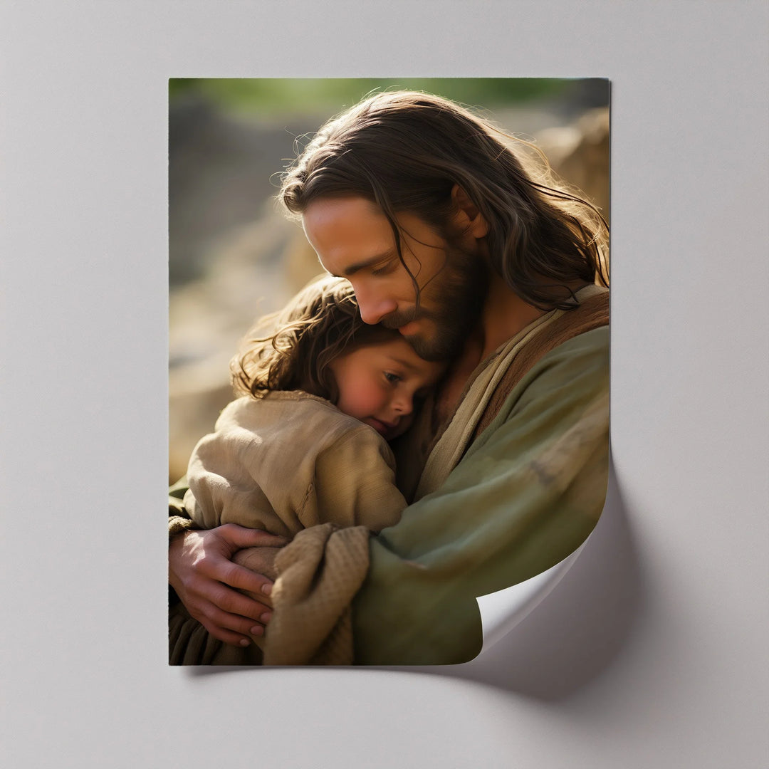 Sacred affection comes alive in this heartfelt photo canvas of Jesus and a child.

