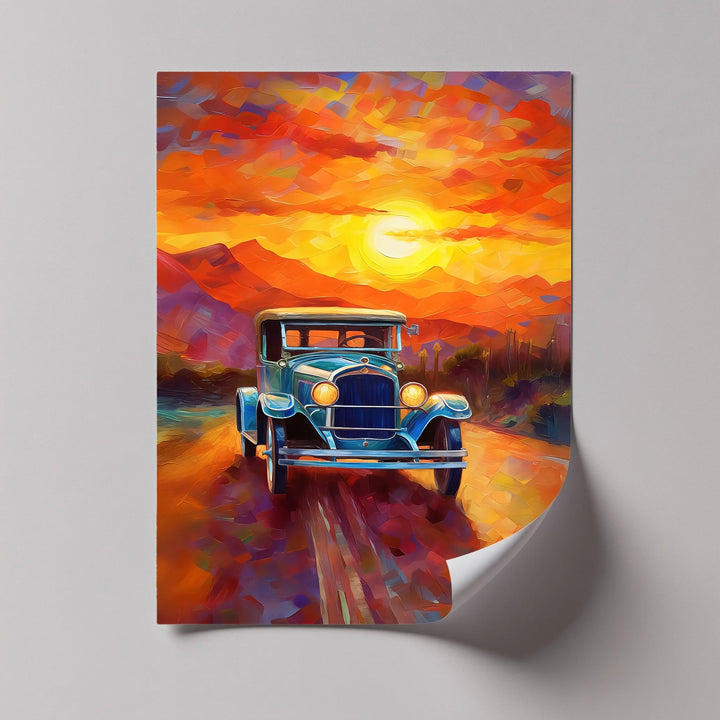 Sunset Journey – Vintage Car on Painted Desert Road Canvas Print - MyPhotoStation