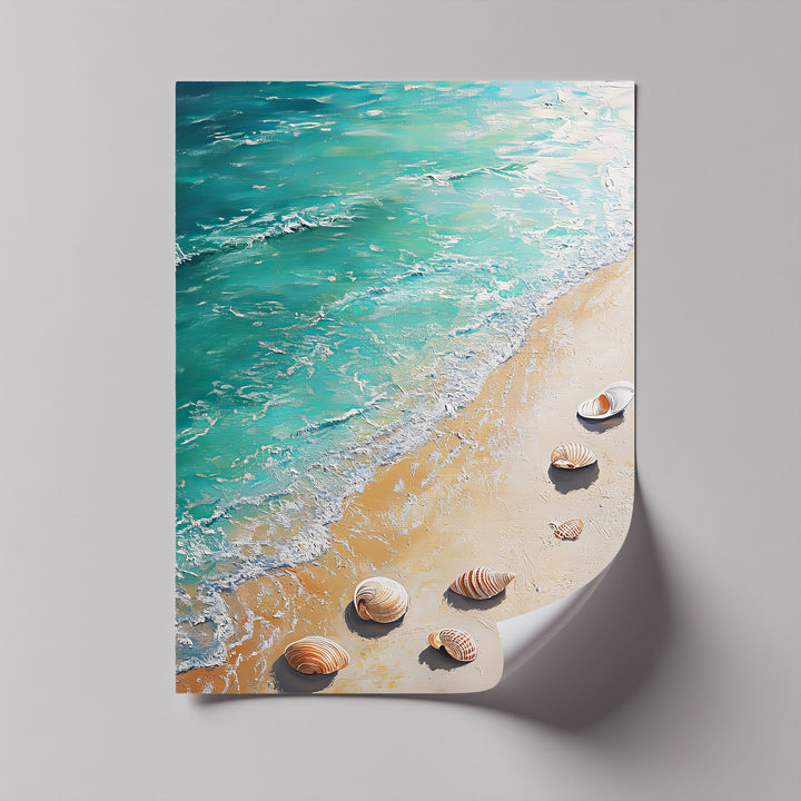Vibrant sea foam and shells meet in this stunning canvas art piece.


