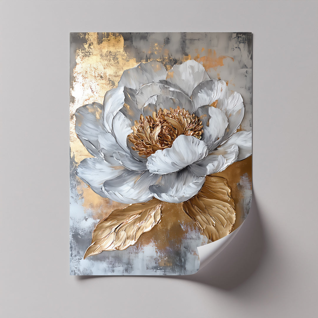 Abstract Gold & Grey Floral Art – glamorous flower canvas for living room.

