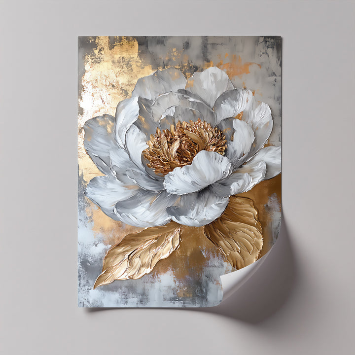 Abstract Gold & Grey Floral Art – glamorous flower canvas for living room.

