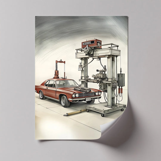 The layering effect enhances the framed canvas of a retro muscle car print, showcasing depth in the automotive art depicting a workshop scene.