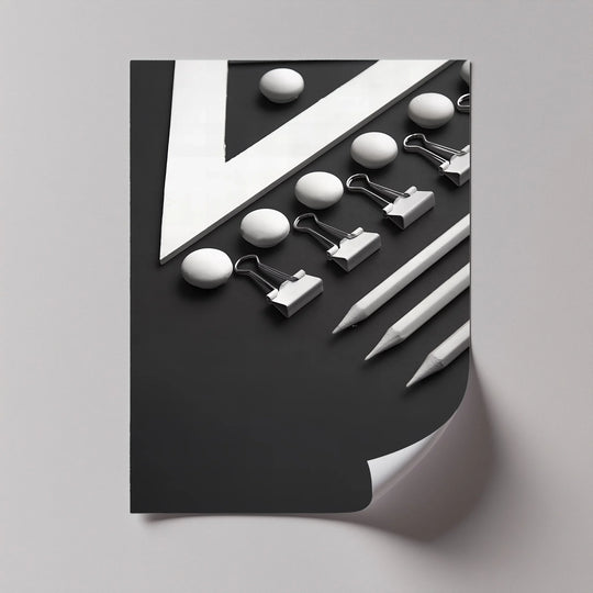 Curved pencils and round spheres are juxtaposed in this black and white canvas artwork, creating a compelling balance of organic forms and geometric lines.