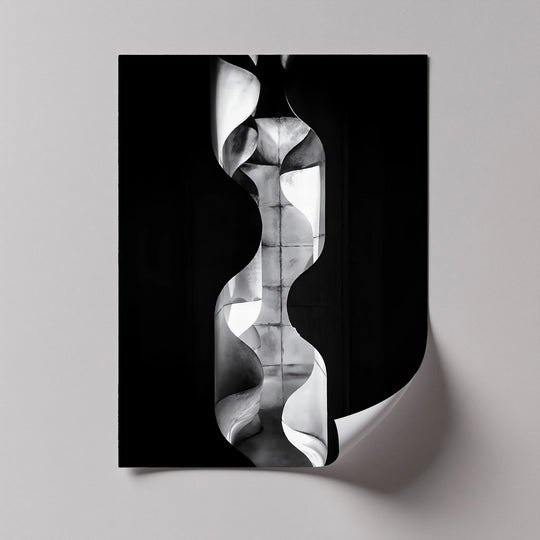 Curved form reflection presented in hanging canvas showcases a minimalist abstract print featuring a sleek, grayscale architectural design.