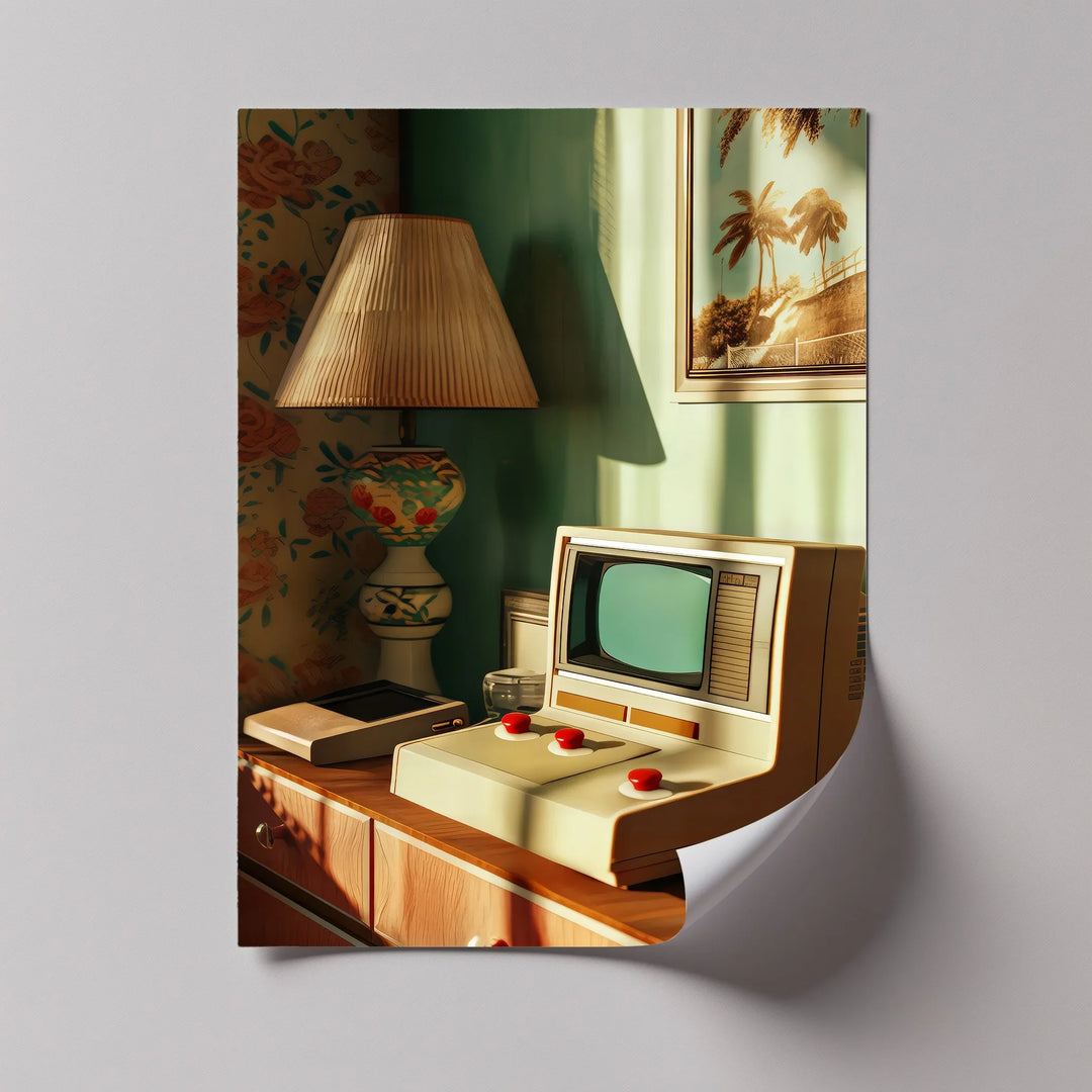 Vintage Computer with Lamp – Retro Style Canvas Print