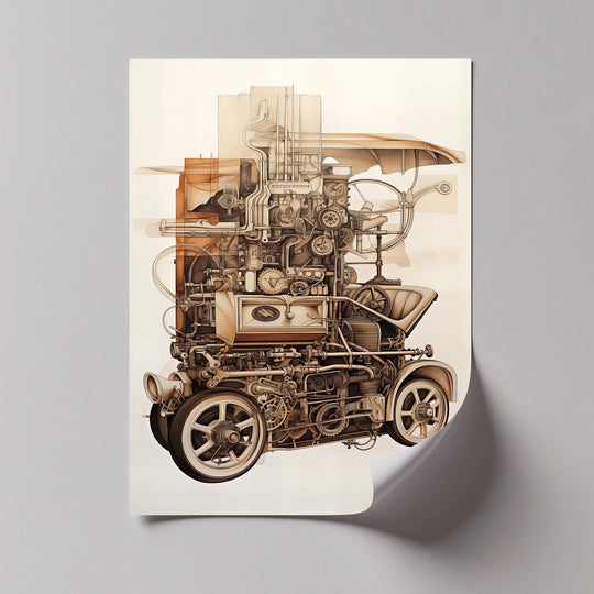 The focal point highlights the intricacies of the Industrial Blueprint Engine Study, a fascinating canvas artwork of a complex car design.