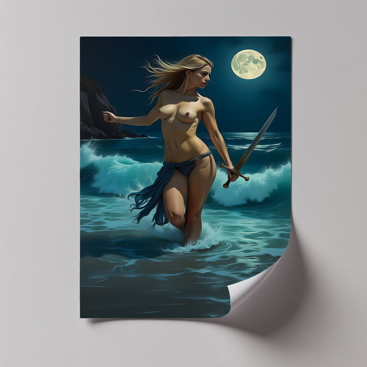 Moonlit Warrior – Sword-Wielding Nude Canvas Wall Art | Abstract Art