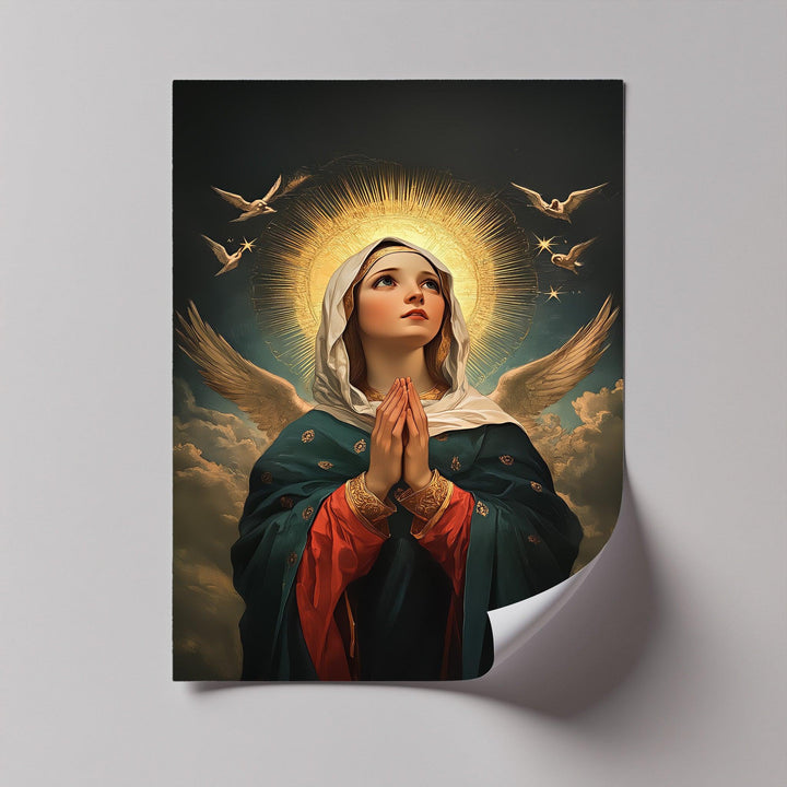 Surrounded by doves and glowing halos, this photo canvas inspires deep reverence and faith.

