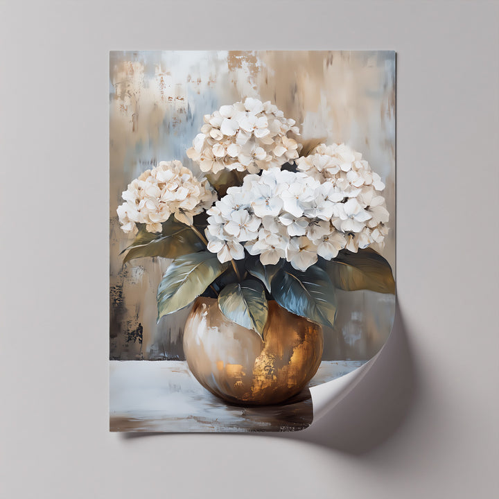 Golden Vase Hydrangeas – timeless flower canvas for living room decor.

