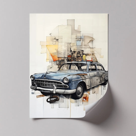 Featuring the best canvas prints, the deepest shadows accentuate the vintage car's tire and undercarriage in this 'Urban Mechanic Memory' blueprint-themed design.