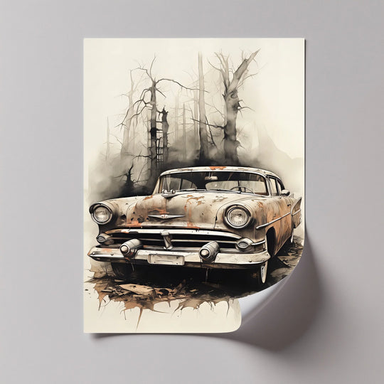 Neutral tones dominate this big canvas prints depiction of a 'Haunted Forest Ride' car canvas print, showing a rusted classic car in an eerie forest scene.