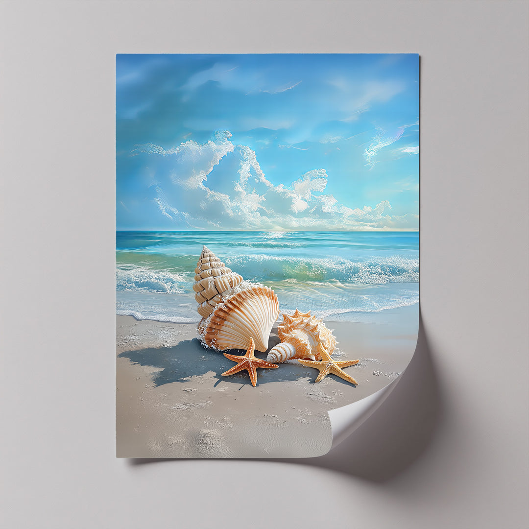 Starfish and shells bask under a blue sky in this detailed photo canvas.

